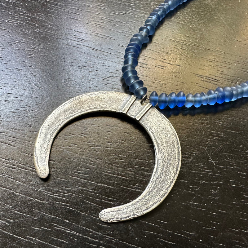 ONLY 1 AVAILABLE! Moon Tusk Pendant (Silver) Nepalese GLASS Blue BEADS! OOAK!