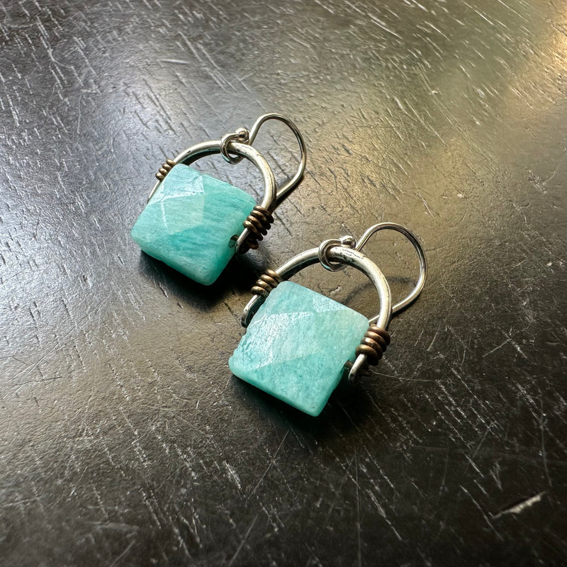 LIMITED BATCH! Tiny Taliswoman Faceted Amazonite "Chiclets" in Silver Bails and Brass wire wraps!