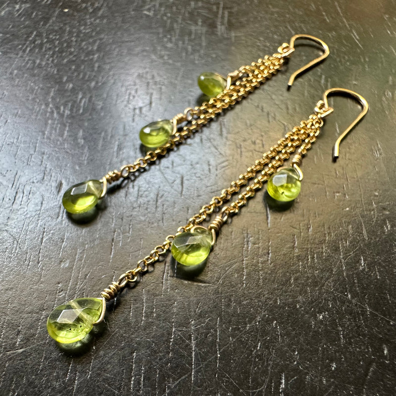 Faceted Peridot Dew Drop Earrings (AUGUST BIRTHSTONE) 14K GOLD chains