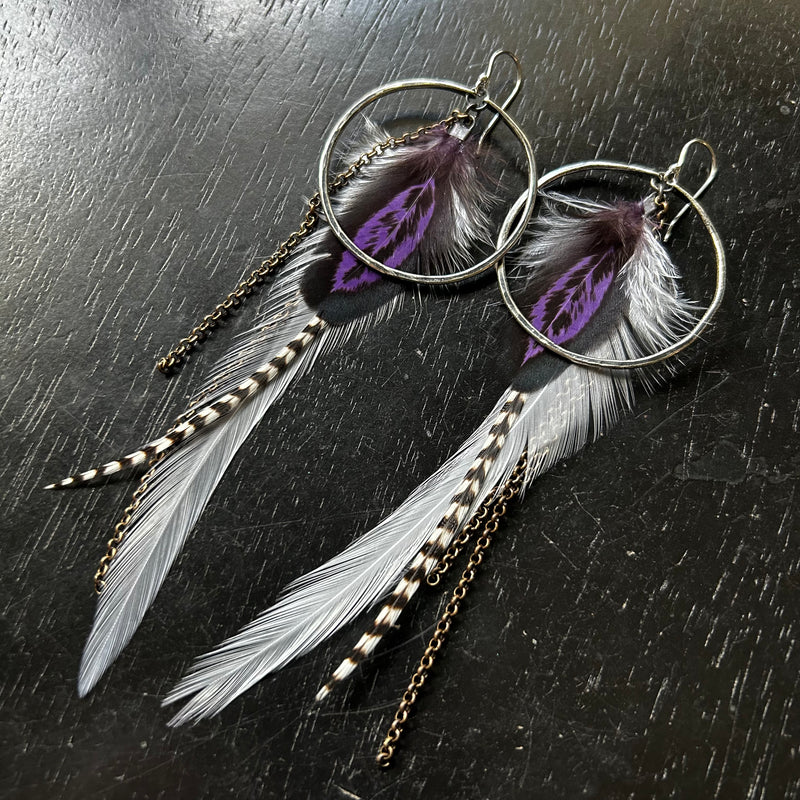 FEATHER EARRINGS- Medium Silver Hoops, Fluffy White Base Purple/Striped Accent feathers and chains