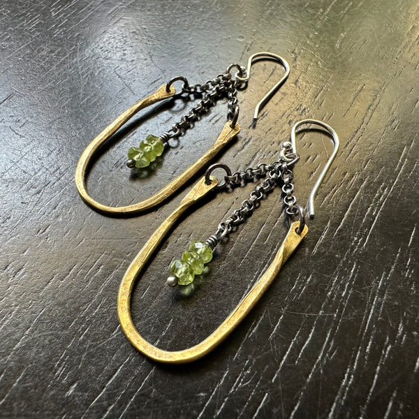 TINY HESTIA EARRINGS: BRASS with TINY PERIDOT Faceted Crystals (AUGUST BIRTHSTONE)