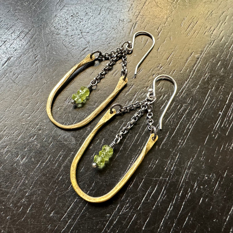 TINY HESTIA EARRINGS: BRASS with TINY PERIDOT Faceted Crystals (AUGUST BIRTHSTONE)