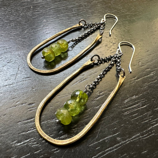 SMALL HESTIA EARRINGS: BRASS with LARGE PERIDOT Faceted Crystals (AUGUST BIRTHSTONE)