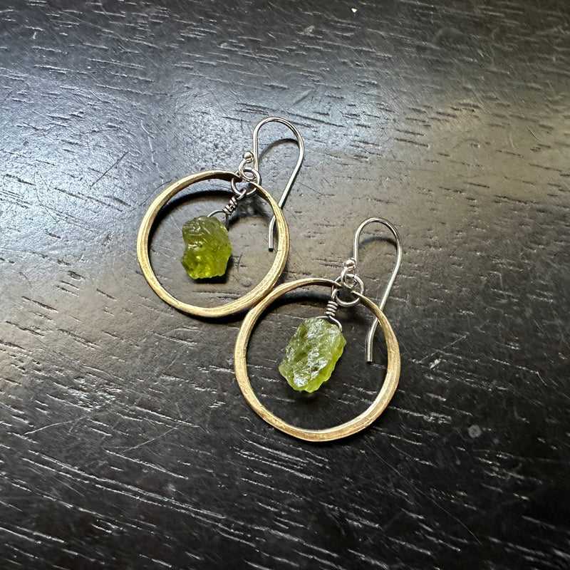 Tiny Brass Hoops with Peridot (AUGUST BIRTHSTONE)