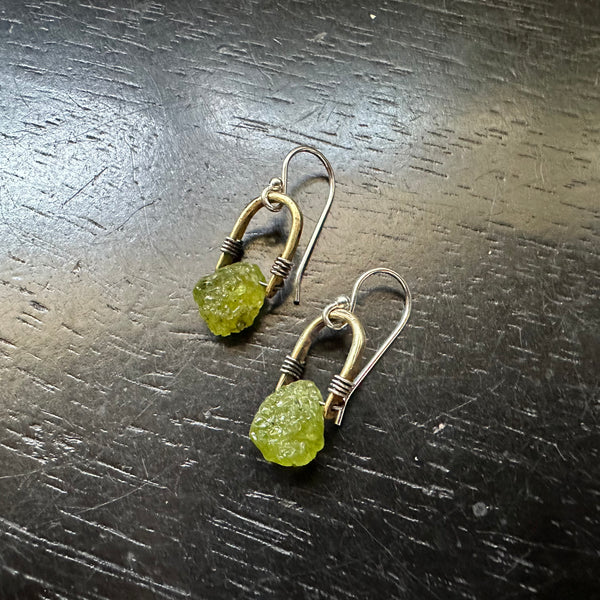 Tiny Brass Taliswoman Earrings with Raw Peridots (AUGUST BIRTHSTONE)