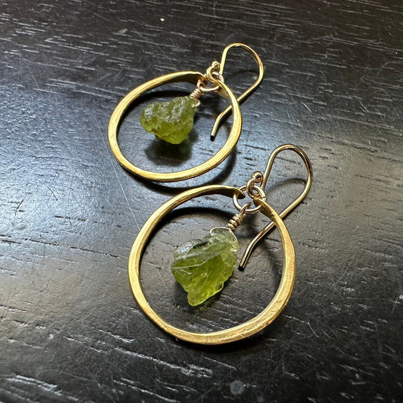 Tiny GOLD Hoops with Raw Peridot (AUGUST BIRTHSTONE) 24K GOLD VERMEIL