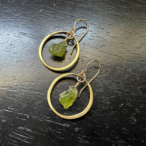 Tiny GOLD Hoops with Raw Peridot (AUGUST BIRTHSTONE) GOLD VERMEIL