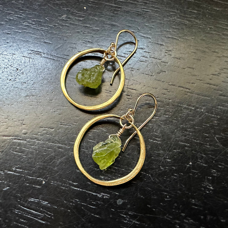 Tiny GOLD Hoops with Raw Peridot (AUGUST BIRTHSTONE) GOLD VERMEIL