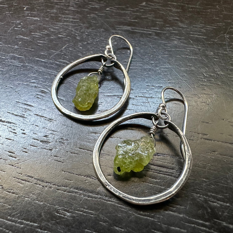Tiny Silver Hoops with Raw Peridot (AUGUST BIRTHSTONE)