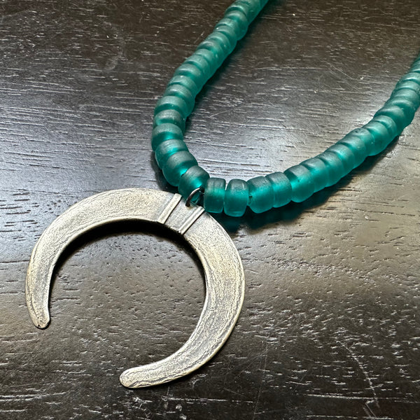 ONLY 1 AVAILABLE! Moon Tusk Pendant (Silver) BURMESE GLASS TEAL BEADS! OOAK!