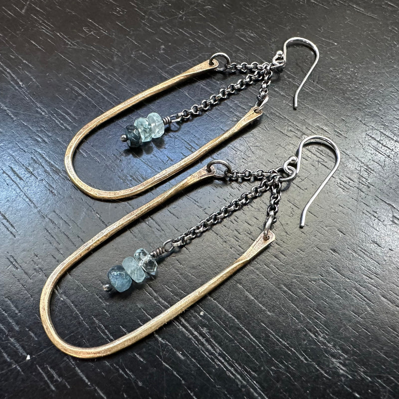 Small Brass Hestia Earrings with Aquamarine