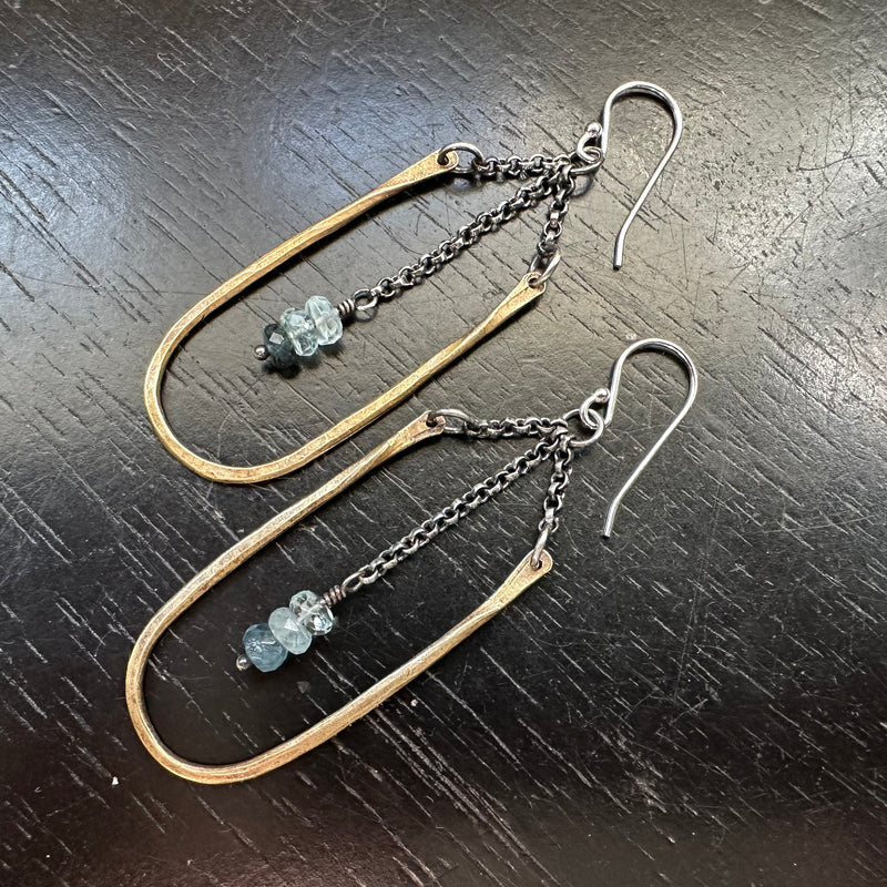 Small Brass Hestia Earrings with Aquamarine