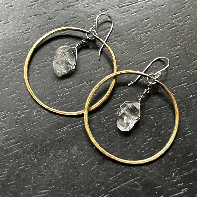 Raw Herkimer Diamonds in Medium Brass Hoops