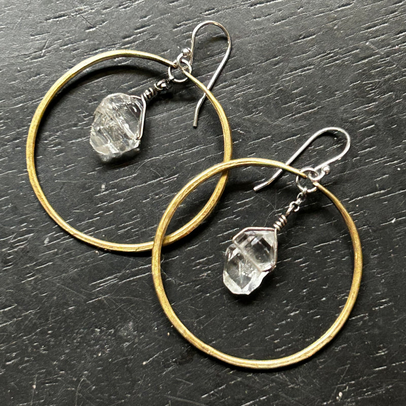 Raw Herkimer Diamonds in Medium Brass Hoops