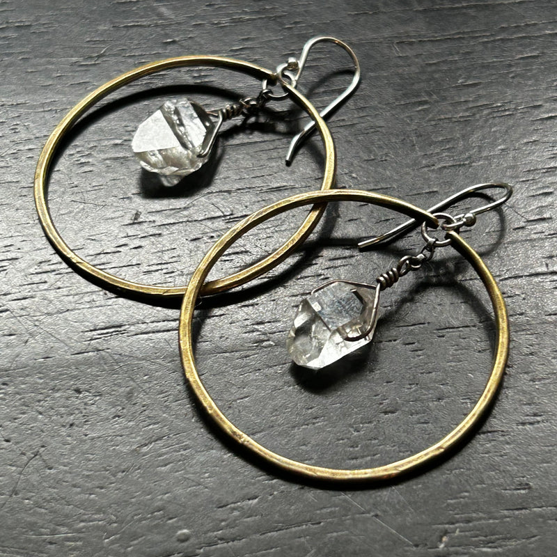 Raw Herkimer Diamonds in Medium Brass Hoops