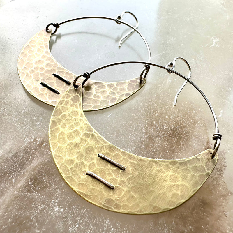 Stitched Brass Crescent Earrings