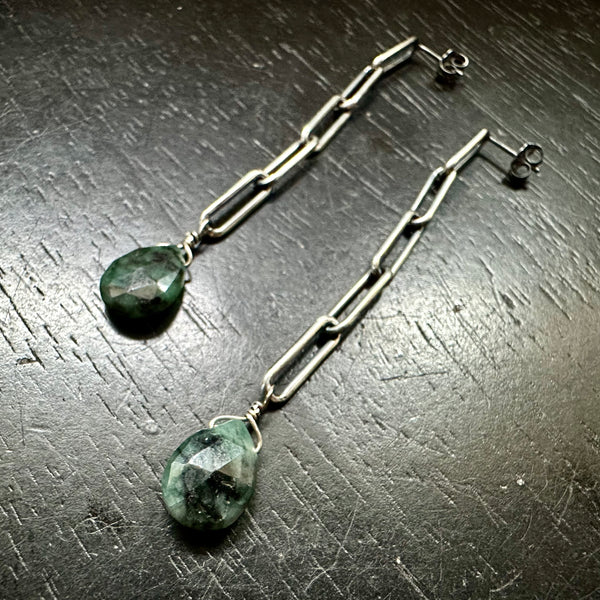 Comet Earrings: Sterling Silver Chain with Faceted Teardtrop Emeralds