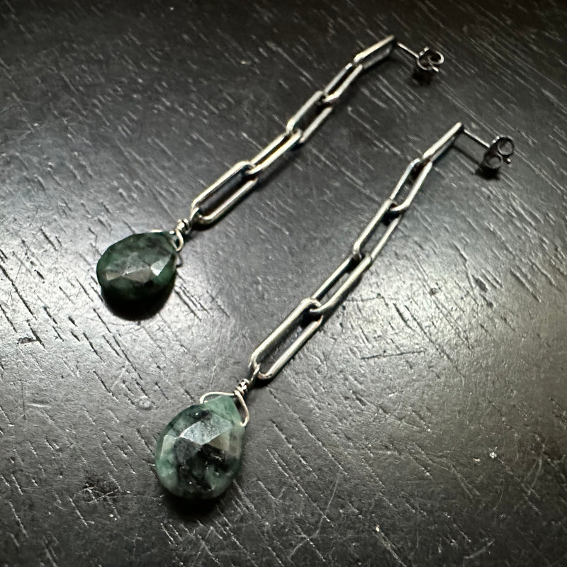 Comet Earrings: Sterling Silver Chain with Faceted Teardtrop Emeralds