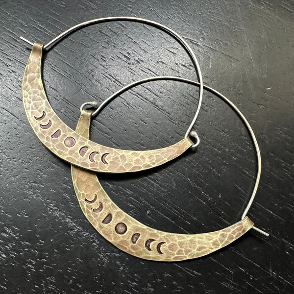 Phased Mezzaluna Earrings, Large BRASS (with Silver Wire)