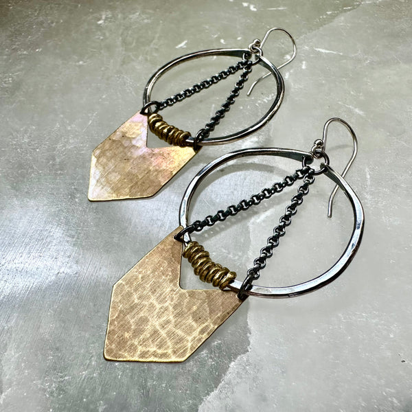 Silver Warrior Earrings with Brass Chevron