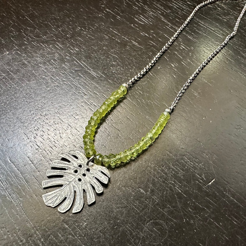 Sterling Monstera Leaf with Peridots August Birthstone Necklace