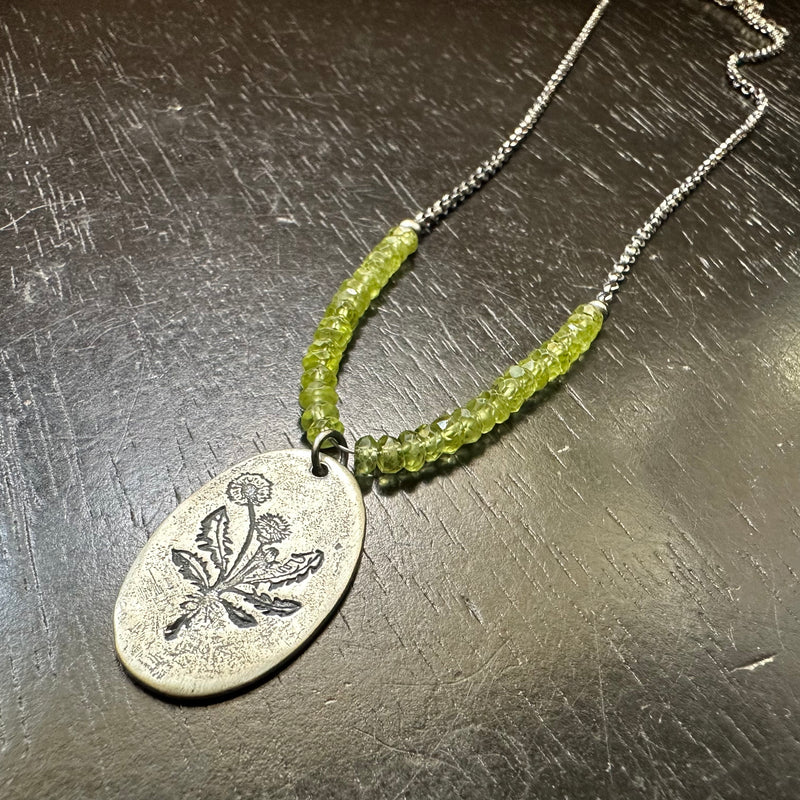 Sterling Silver Dandelion with Peridots August Birthstone Silver Necklace