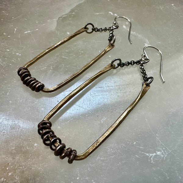 Forged Brass Rectangles with Heishi Beads Earrings