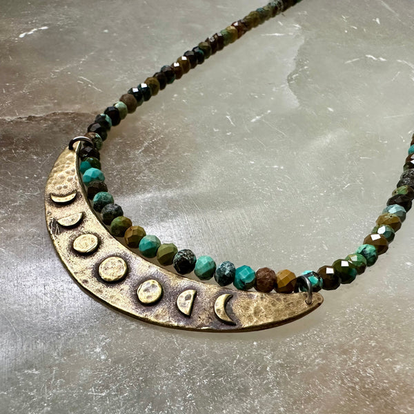 Brass Moon Phase Crescent Necklace with Dragon Skin Turquoise