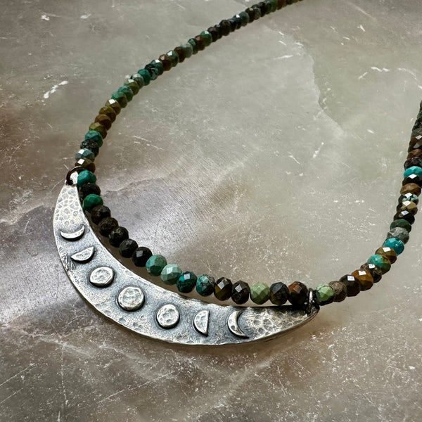 Silver Moon Phase Crescent Necklace with Dragon Skin Turquoise