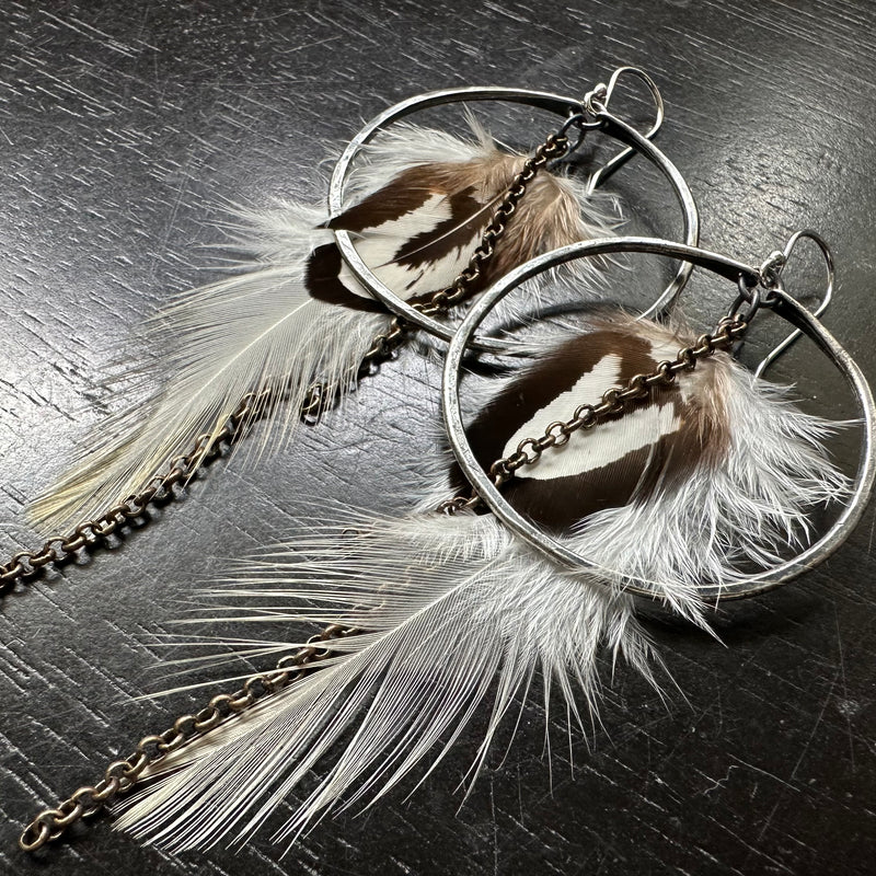 FEATHER EARRINGS- Medium Silver Hoops, Fluffy White Base and Accent feathers and chains