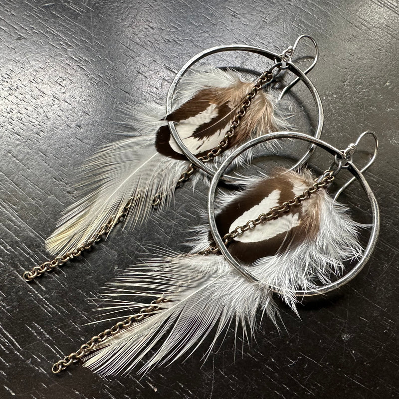 FEATHER EARRINGS- Medium Silver Hoops, Fluffy White Base and Accent feathers and chains