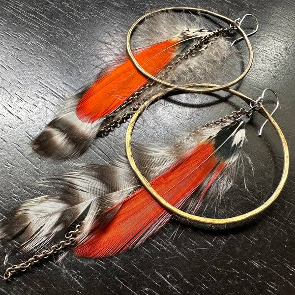 Feather Earrings: Large Brass Hoops with Striped Base and Rusty Orange Accent feathers, OOAK