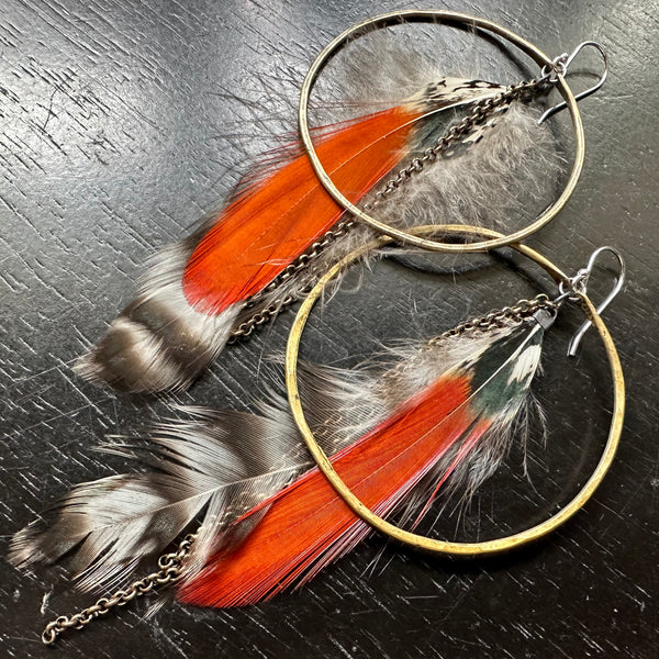 Feather Earrings: Large Brass Hoops with Striped Base and Rusty Orange Accent feathers, OOAK