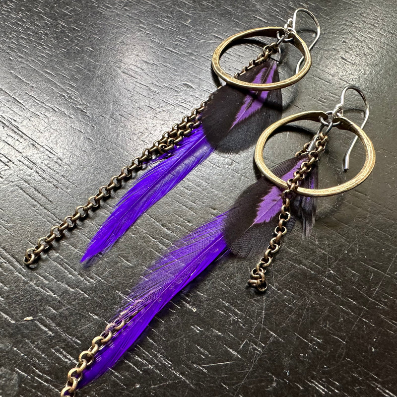 FEATHER EARRINGS! TINY Brass Hoops with BRIGHT PURPLE BASE and Black/Purple Accent Feathers