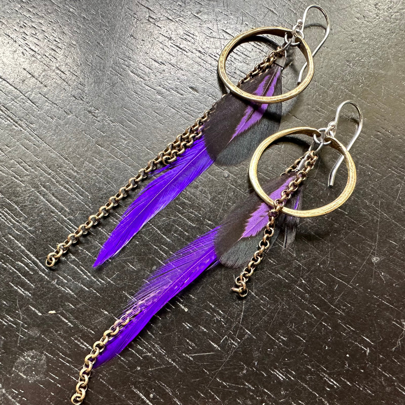 FEATHER EARRINGS! TINY Brass Hoops with BRIGHT PURPLE BASE and Black/Purple Accent Feathers