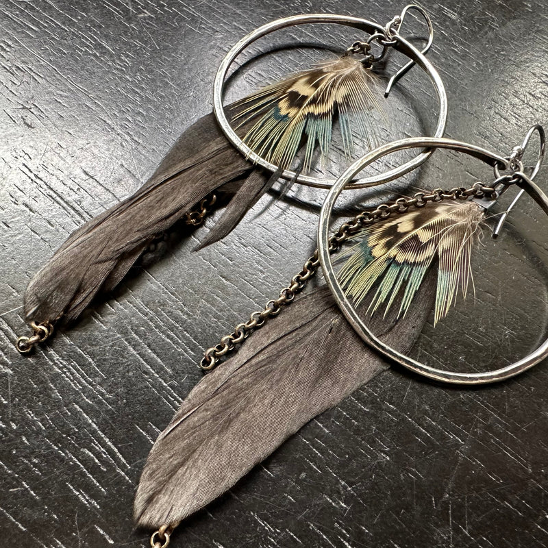 FEATHER EARRINGS: Medium Silver Hoops, Iridescent Brown Base and Patterned Accent feathers and chains