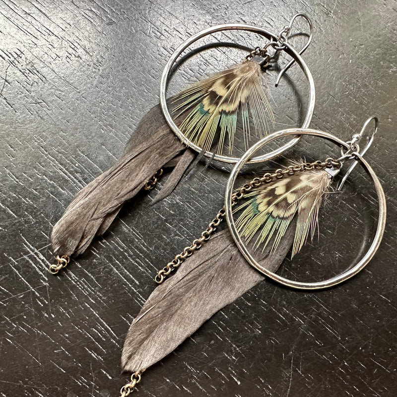 FEATHER EARRINGS: Medium Silver Hoops, Iridescent Brown Base and Patterned Accent feathers and chains