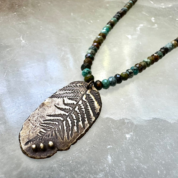 ORIJEN'S: Brass 3 Dot Fern Fossil Necklace with Dragon Skin Turquoise