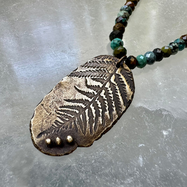 ORIJEN'S: Brass 3 Dot Fern Fossil Necklace with Dragon Skin Turquoise