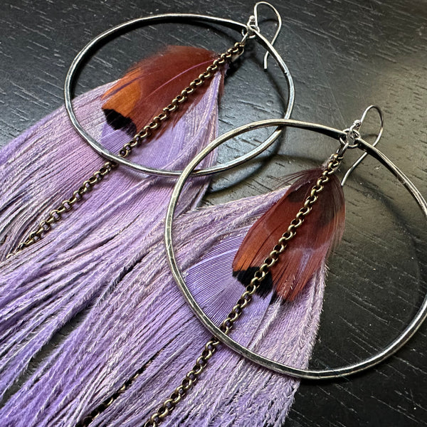 GODDESS Feather Earrings: Large Silver Hoops, SOFT PURPLE Peacock Feathers, Rust accents