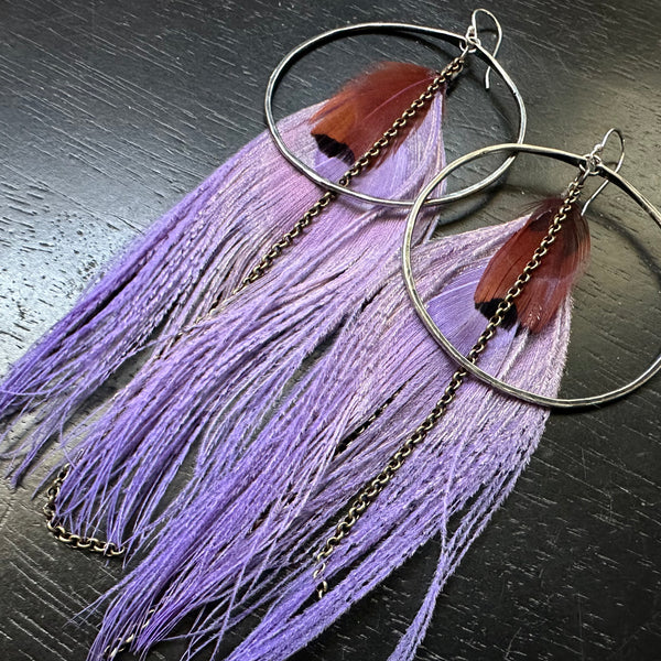 GODDESS Feather Earrings: Large Silver Hoops, SOFT PURPLE Peacock Feathers, Rust accents