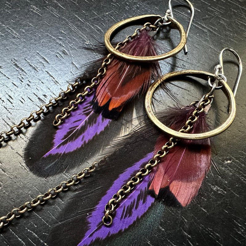 NEW FEATHERS! Tiny Brass Hoops with Purple Base/Burgundy Accent feathers