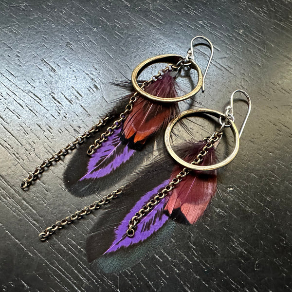 NEW FEATHERS! Tiny Brass Hoops with Purple Base/Burgundy Accent feathers