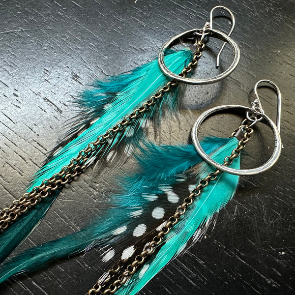 NEW FEATHERS! Tiny Silver Hoops with Teal Base/Polka Dot Accent feathers