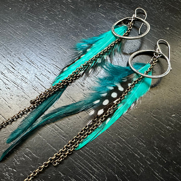 NEW FEATHERS! Tiny Silver Hoops with Teal Base/Polka Dot Accent feathers