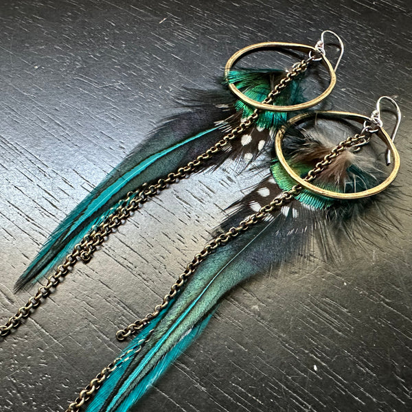 NEW FEATHERS! Small Brass Hoops with Teal/Black Base/Bright + Polka Dot Accent feathers