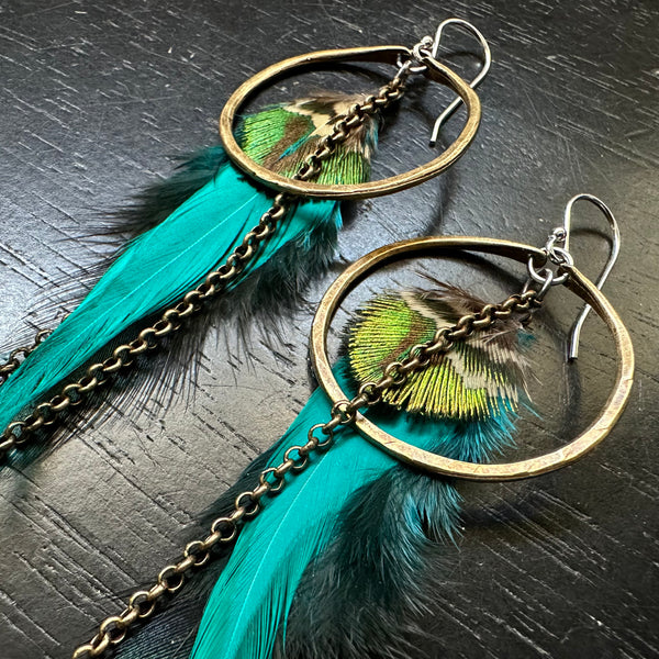 NEW FEATHERS! Small Brass Hoops with Teal/Black Base/Bright Accent feathers