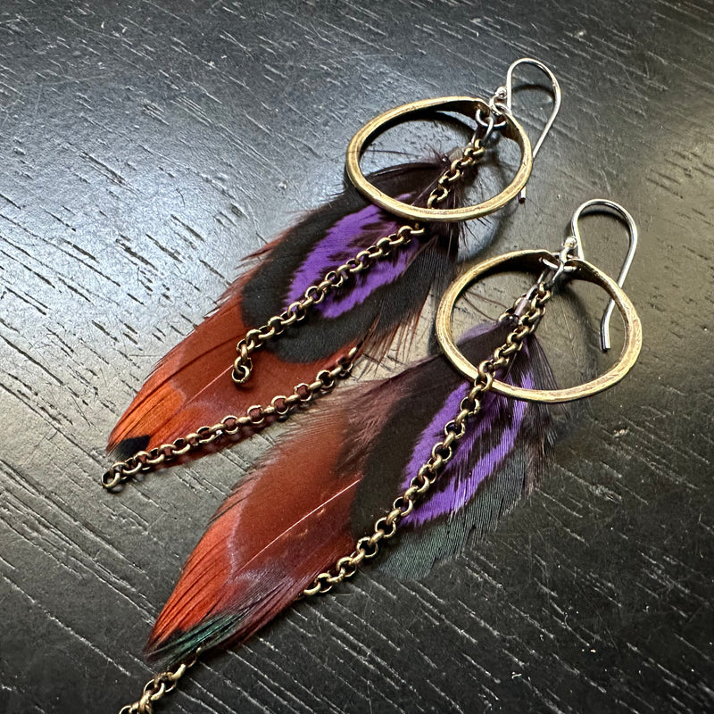 NEW FEATHERS! Tiny Brass Hoops with Burgundy Base/Purple Accent feathers