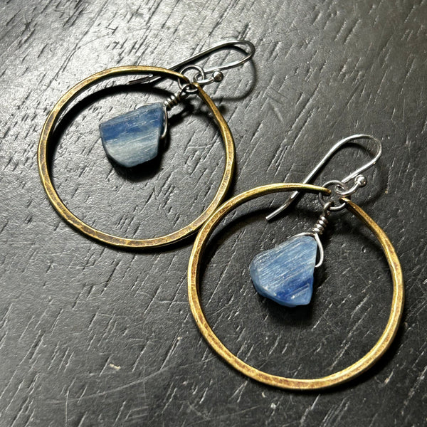 Kyanite Earrings in Small Brass Hoops