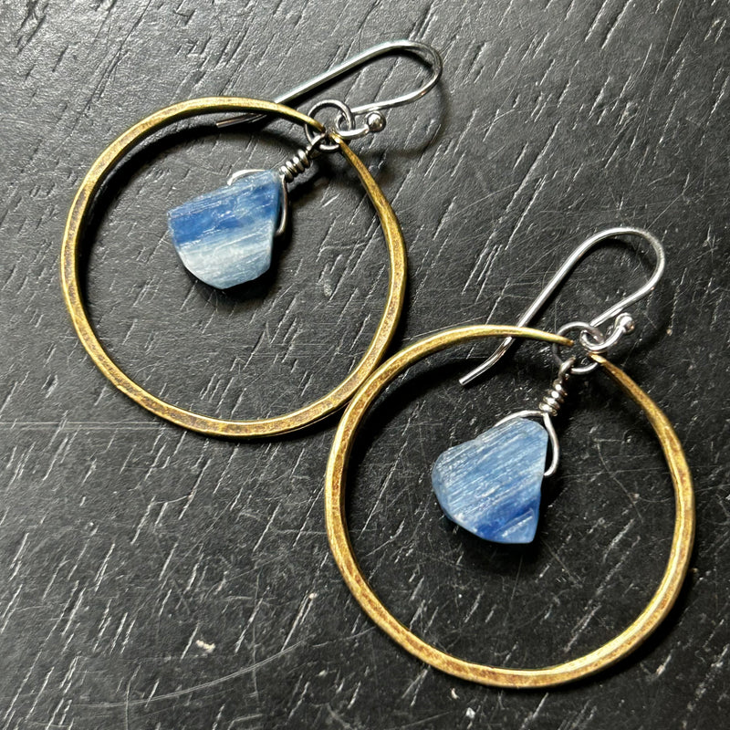 Kyanite Earrings in Small Brass Hoops
